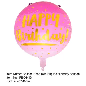 Detail of 18 inch rose red aluminum foil balloon with gold Happy Birthday text