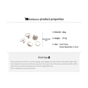 Size specifications and dimensions for 5-piece silver alloy wavy ring set in detail view