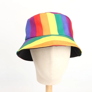 Rainbow striped bucket hat with colorful vertical patterns for sun protection