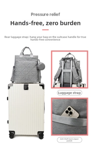 Gray quilted diaper bag with luggage sleeve and anti-theft back pocket for travel convenience