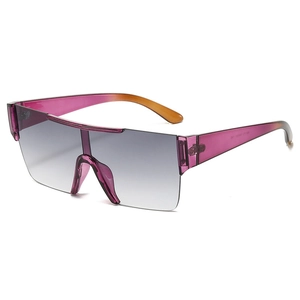 Fashionable rimless wrap-around sunglasses with purple orange gradient lens and clear frame