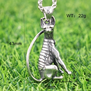 Macro detail of antique silver Sphinx cat pendant showing 43mm height and 28mm width dimensions