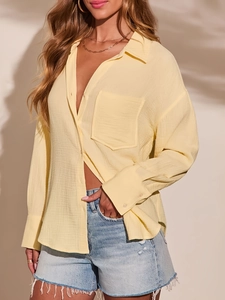 Camisa informal de lino amarillo claro de manga larga para mujer estilo de vacaciones