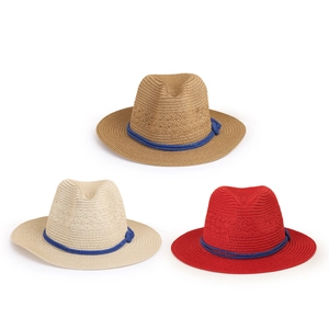 Three wide-brim straw sun hats in brown, beige, and red with navy blue rope bands