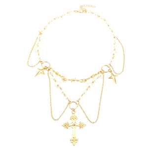 Detail of gothic pearl necklace with metallic stars and rhinestone cross pendant