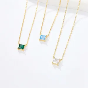 925 Sterling Silver Necklace With Square Zircon Pendant Gold Plated Minimalist Clavicle Chain Jewelry For Women