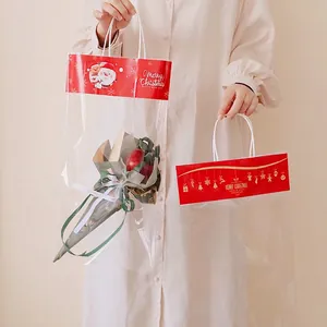 Transparent Christmas gift bag with Santa Claus patterns and red trim for holiday presents