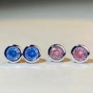 Luxury 925 Sterling Silver Round Bezel Stud Earrings For Women With Pink Blue Rhinestone Minimalist Geometric Fashion Jewelry