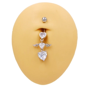 Silver heart navel ring with crystal wings on skin model with white background