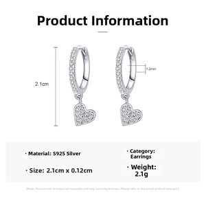 Detailed view of S925 sterling silver heart earrings with sparkling pavé cubic zirconia