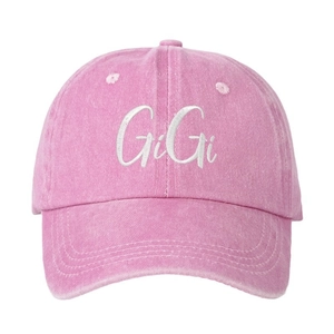 Pink washed cotton baseball cap with white GiGi embroidery for a vintage aesthetic