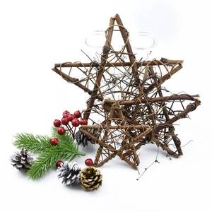 Handmade wooden vine star wreath with natural pine cones and red berries for holiday decor