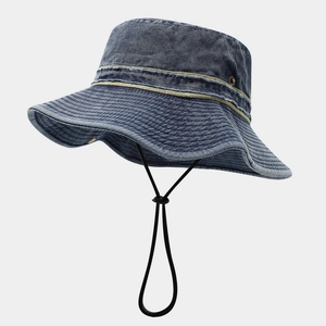 Dark blue washed denim sun hat with wide brim and adjustable chin strap for outdoors