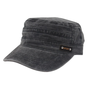 Vintage washed dark grey cotton military cap with leather SPORT patch decoration