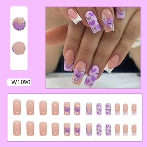 Lavender and pink press-on nails with purple hearts and French tips, medium square shape