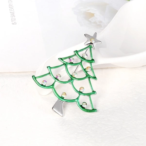 Exquisite Christmas tree brooch with green enamel and colorful rhinestones on silver base