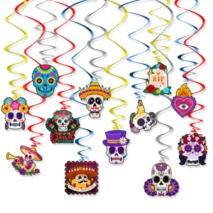 Colorful Day of the Dead spiral decorations with skull, tombstone and candle card pendants