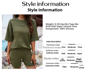 Detailed fabric specs of army green viscose two-piece knit set showing weight and texture