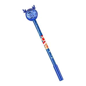 Blue Christmas reindeer gel pen with sparkling heart sequins inside a transparent globe