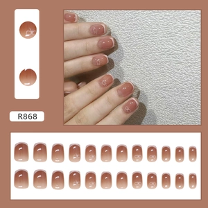 24pcs French gradient brown press-on nails with white bow designs and glossy finish