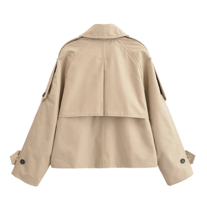 Classic khaki short trench coat with back storm flap and double-breasted design