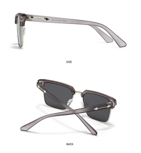 Detailed side and back views of square semi-rimless sunglasses with silver metal frames