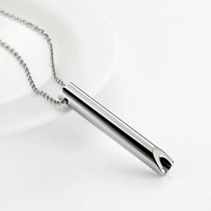 Polished silver stainless steel whistle pendant necklace for mindful breathing
