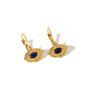 Vintage 18K gold plated stainless steel lever-back earrings with blue stone and sunburst motif