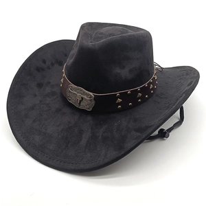 Cappello da cowboy nero in scamosciato con emblema a testa di toro argentata e cinturino