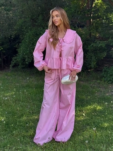 Femme Chemise Manches Longues À Col Volanté Et Pantalon Large En Coton Couleur Unie Style Français