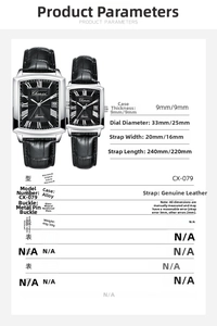 Detailed size chart for CX-079 quartz watch showing case thickness and leather band specs