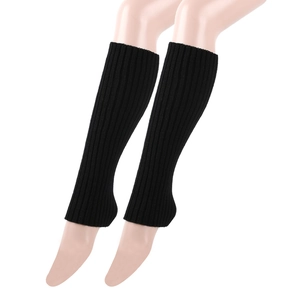 Detail of black ribbed knit leg warmers with stirrup design on a mannequin leg