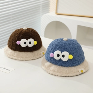 Cute fuzzy toddler bucket hats with big eyes cartoon design and lamb wool texture