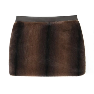 Short faux fur mini skirt in dark brown with faux leather waistband on white background
