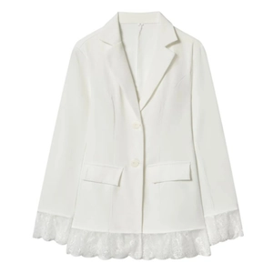 Women's white slim fit blazer featuring elegant lace trim sleeves and hem details
