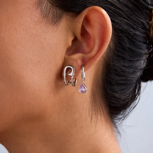 Pair of silver stainless steel paperclip earrings with a pink teardrop gemstone pendant