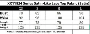Size chart showing bust and waist measurements for lace satin top and skirt set