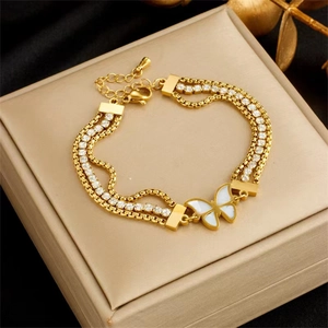 Three-layer gold titanium steel butterfly bracelet with sparkling rhinestones for women