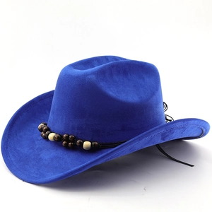 Close-up of royal blue faux suede cowboy hat featuring a wooden bead hatband detail