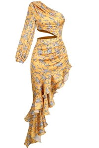Detail of floral yellow one-shoulder dress with waist cutout and ruffled hem