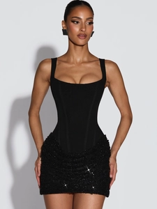 Slim fit black dress with corset bodice and sparkling sequin skirt for evening parties