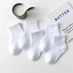 Polyester Blended Kids Athletic Socks Breathable Sweat-Absorbent Ribbed Crew Socks Solid Color Students School Sports Socks