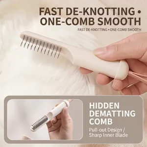 3-in-1 pet de-shedding comb with stainless steel teeth and hidden blade for matted fur