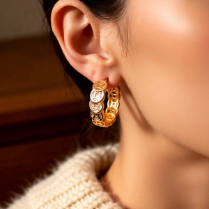 Detailed view of 18K gold plated earring with coin pattern and white zircon stones