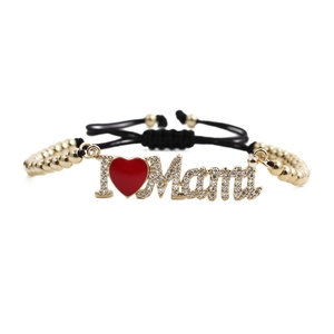 Bracelet ajustable en perles dorées avec pendentif zircon I Love Mami sur cordon