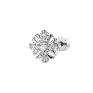Boucles d'oreilles iris croix en argent avec cristaux et fermoir à vis sur fond blanc