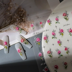 Vintage gold-stamped ink rose nail art stickers with metallic leaves and star accents