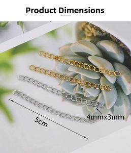 Detail showing 5cm gold and silver stainless steel extender chains for jewelry DIY