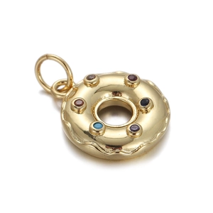 Golden donut charm with colorful zircon stones shown on a professional white background