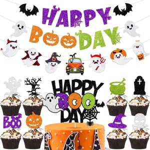 Halloween Party Decorations Glitter Paper Happy Boo Day Banner Ghost Pumpkin Cake Toppers Hanging Garland Ornaments
